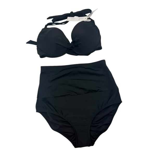 NEW Macys Black Bikini Set Size 10 Underwire Push Up High Waist Control Top Swim - Picture 6 of 12